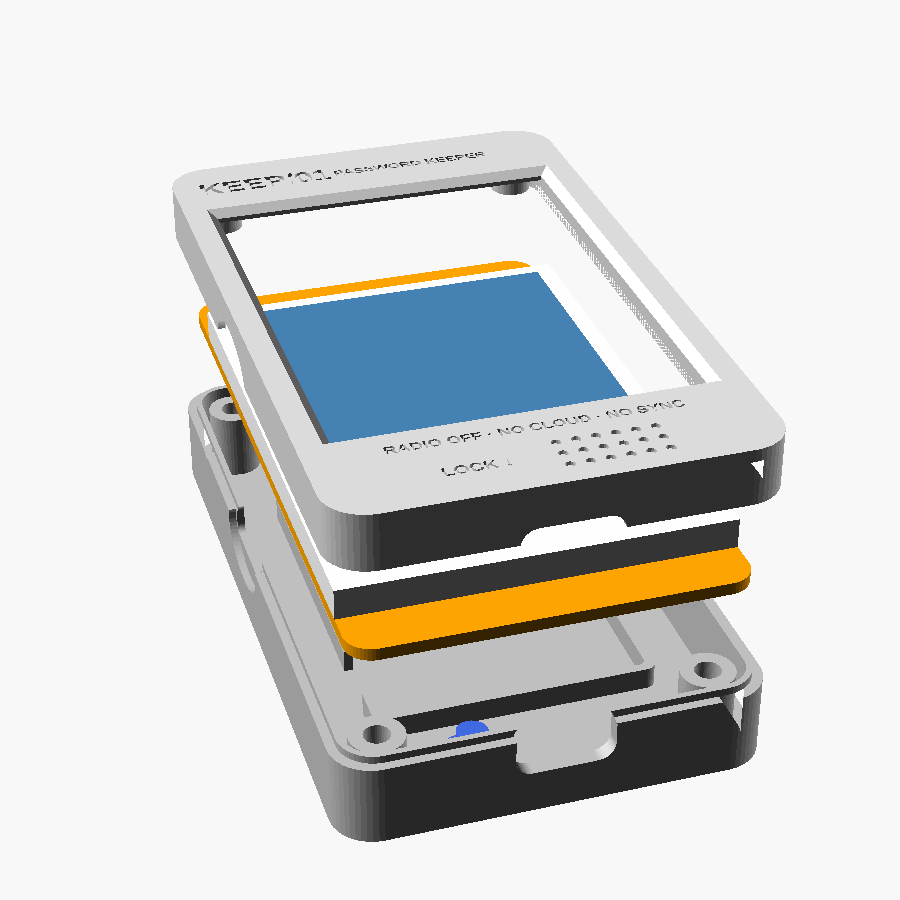 Exploded view of the case: front shell, board, battery pocket and back shell with LOCK button