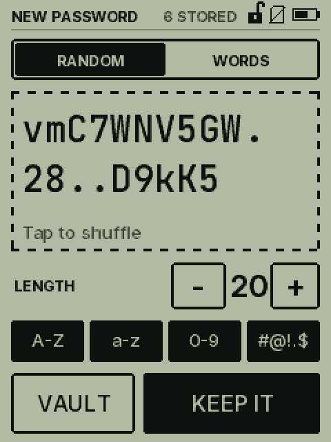 KEEP/01 screen making a new 20-character password
